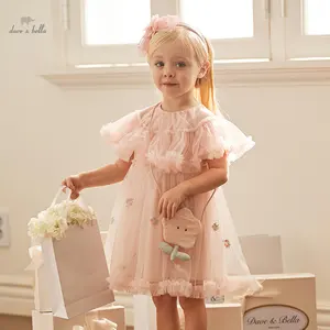 DB2240416 DAVE BELLA Baby Girls Fashion Dress 2024 Summer New Girls Casual Light Pink Cute Sweet Mesh Party Princess Dress