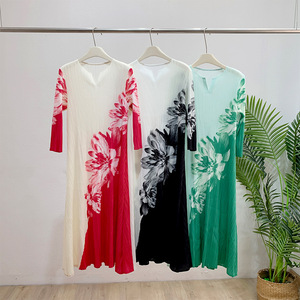 Vestido Midi Plisado Miyake Estilo Nacional para Mujer, con Estampado Floral, Manga Larga, Corte Holgado, Ecológico, Transpirable, Ropa Casual de Verano - Product Image 4
