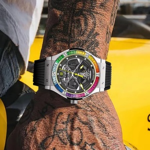 Montres PINDU, montre mécanique de luxe de haute qualité avec diamants colorés, pour hommes, résistante à l'eau 5BAR, bracelet en acier inoxydable et silicone - Product Image 3