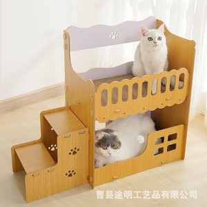 Double Layer Wooden Cat House 2 Levels Natural Wood Color Indoor Cat Villa With <b>Scratching</b> <b>Post</b> Cat Bed - Product Image 2