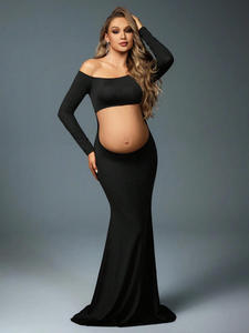 Abito da Maternità per Servizio Fotografico, Traspirante, <span class=keywords><strong>Estivo</strong></span>, a Maniche Lunghe, con Pancia Scoperta, Lunghezza al Pavimento, Stile Sirena, Aderente, alla Moda, Tinta Unita - Product Image 5