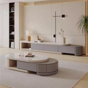 Mesa de centro de panel de roca simple moderna telescópica ovalada de viento crema italiana, mueble de TV, mesa de centro de combinación de sala de estar pequeña - Product Image 3