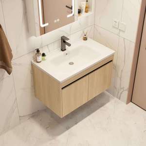 Meuble-lavabo mural en bois naturel personnalisé avec vasque en céramique et armoire miroir LED intelligente anti-buée avec étagère ouverte - Product Image 4