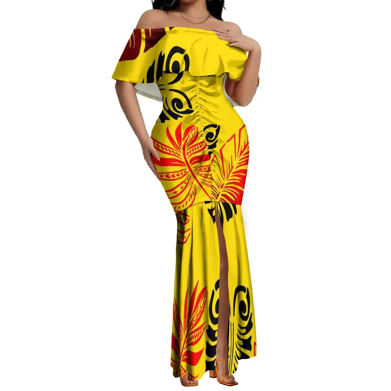 Vestido de sereia estilo tropical, vestido de noite com fenda curta, estilo havaiano, ombro único, personalizado, 2023