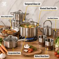 Batterie de cuisine Zhenneng 12 pièces en acier inoxydable 304 avec casserole, poêle, casserole à lait, bouilloire et tasses pour cuisinière à gaz et à induction