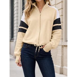 Chaqueta de forro polar personalizada para mujer con cremallera, manga larga, estilo universitario, con bolsillos laterales y cintura con cordón ajustable. - Product Image 3