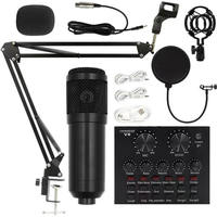 Kit de Micrófono Condensador Cardioide Profesional BM800 con Cable + Tarjeta de Sonido V8, Brazo Articulado, Soporte Antivibración, Filtro Pop y LED de Audio