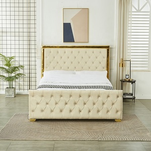 <span class=keywords><strong>Letto</strong></span> <span class=keywords><strong>Matrimoniale</strong></span> con Contenitore in Velluto Trapuntato Beige Crema di Lusso Europeo con Testiera Alta e Bordo Dorato - Product Image 5