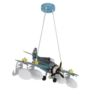 Lámpara colgante de avión de hierro forjado para habitación de niños, candelabro de estilo clásico americano con ahorro de energía, azul, residencial