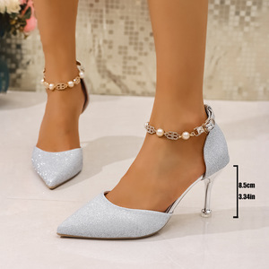 Nuovi Sandali Eleganti da Donna in Stile Occidentale, Scarpe <span class=keywords><strong>con</strong></span> Tacco Alto Sexy e Punta Affusolata <span class=keywords><strong>con</strong></span> Perle Argento - Product Image 1