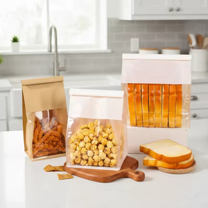 Sac en papier kraft recyclé imprimé avec logo personnalisé pour l'emballage alimentaire, avec fond plat, pochette autoportante, design sac brun et blanc - Product Image 2