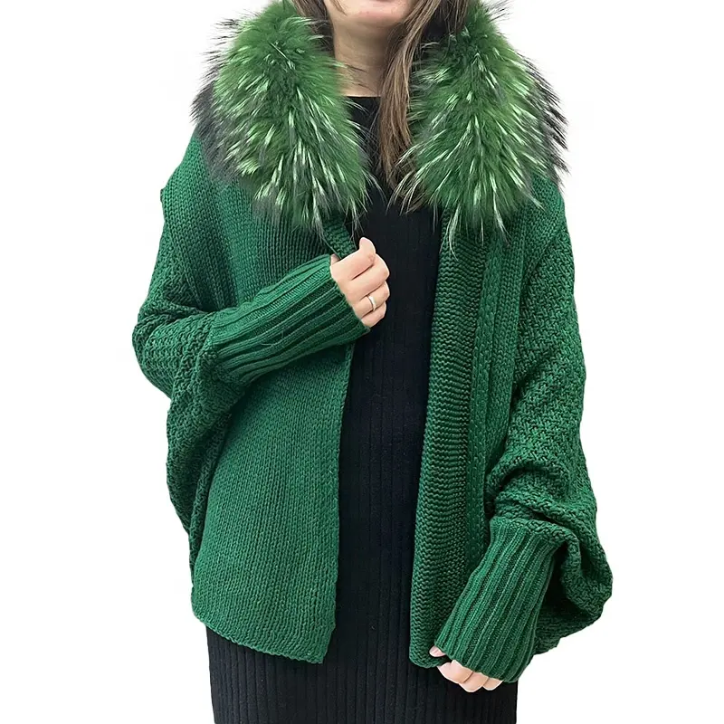 High Quality Luxury Cape Fur Poncho Genuine Raccoon Fur Collar Women Knitted Fur Cardigans Sweater