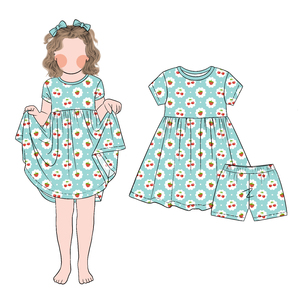 Vestido de Manga Corta con Estampado de Cerezas y Conjunto de Pantalones Cortos para Niña, Modelo Nuevo, Diseño de Moda, Personalizado, de Little Glow Kid - Product Image 1