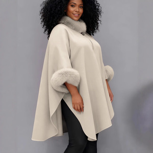 New Plus Size Cloak Custom Warm Autumn and Winter Large Fur Collar Mid Length <strong>Coat</strong> Cloak Shawl Loose Ladies Women Shawl - Product Image 3