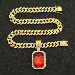 Gold Color Hip Hop Cuban Link <b>Necklace</b> with Square Red <b>Ruby</b> Crystal Pendant | Iced Out Trendy Rapper Style Jewelry for Men - Product Image 6
