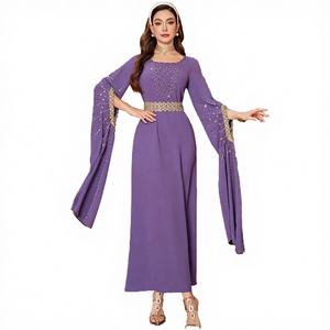 Abaya Elegante con Encaje Bordado y Cuentas, Color Morado, Largo hasta el Tobillo, Manga Ultra Larga, Estilo Étnico Islámico de Oriente Medio para Fiestas de Ramadán - Product Image 4