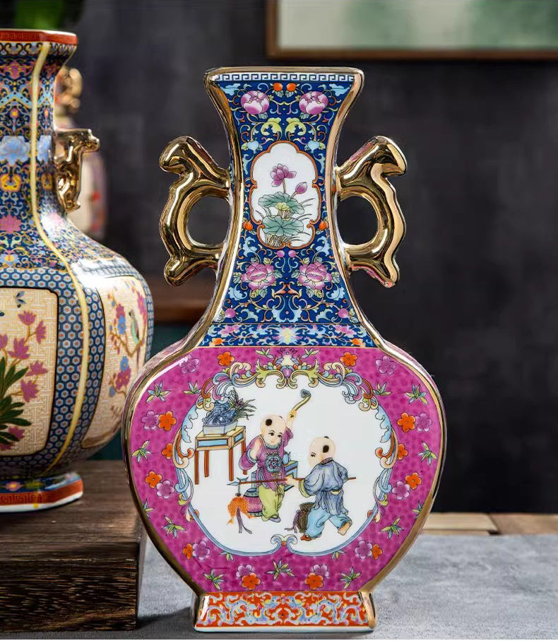 中国仿乾隆方形平景泰蓝搪瓷花瓶家居装饰仿古清代装饰陶瓷花瓶