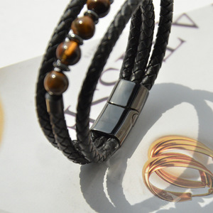 Tiger Eye <b>Beaded</b> <b>Bracelet</b> For <b>Men</b> Adjustable Vintage Style Multi Layered Leather Wrap <b>Bracelet</b> 7.5 8.5 9 Inches Gift Jewelry - Product Image 1