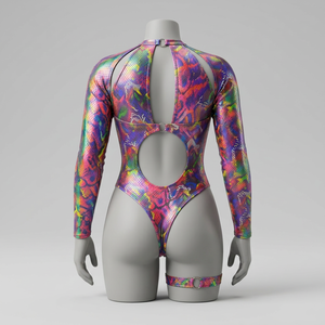 Wholesale Custom Plus Size <strong>Long</strong> <strong>Sleeve</strong> Cutout Holographic Metallic Monokini Carnival Party Beach One Piece <strong>Swimsuit</strong> OEM Supplier - Product Image 2