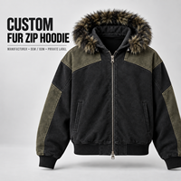Sweat à capuche zippé coupe boxy personnalisé, noir délavé, blocs de couleur vert olive, col en fourrure, pour hommes, style streetwear, fournisseur en gros pour marques