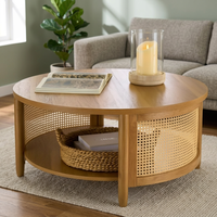 Table basse ronde moderne en bois avec étagère de rangement et design en panneaux de rotin pour le mobilier de salon