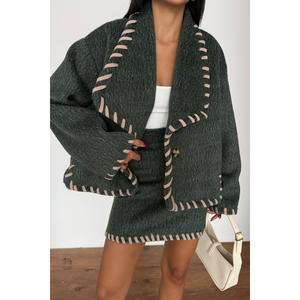 Conjunto Formal de 2 Piezas: Chaqueta Corta de Lana Verde con Cuello de Pastor y Falda Corta, Corte Holgado, Nueva Llegada - Product Image 4