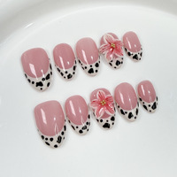 TSZS 10 pièces Faux ongles à presser en acrylique épais, motif vache, forme amande française, fleurs 3D en relief, faits main, vente en gros