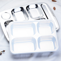 Plateau repas scolaire en acier inoxydable avec compartiments, assiette alimentaire unique, réutilisable, bon marché, en métal, rectangulaire