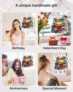 Puzzle en acrylique motif tasses de thé et livres en vitrail, attrape-soleil, décoration suspendue pour fenêtre, vente en gros, logo personnalisé - Product Image 6