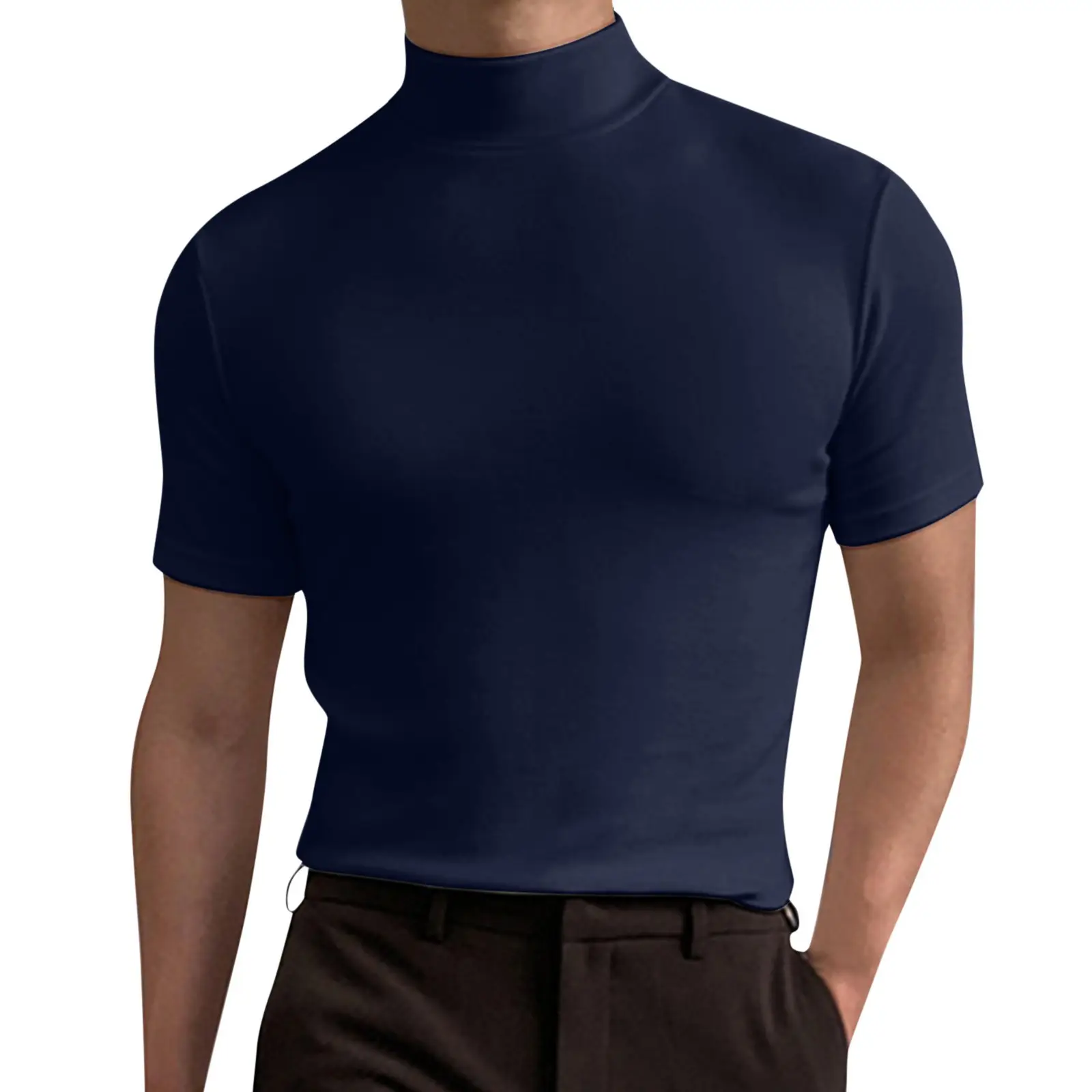 Men's autumn and winter high neck long sleeved t shirt men solid color top