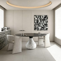 Table à manger ronde de luxe moderne, plateau en contreplaqué foncé, base en marbre naturel, table de cuisine pour villa, hôtel, restaurant, mobilier