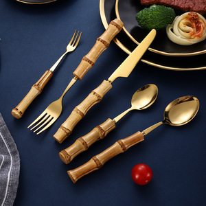 Juego de Cubiertos de Acero Inoxidable con Mango de Bambú Natural, 10 Piezas, Cuchillo para Carne, Tenedor, Cuchara, Utensilios para Postre y Ensalada - Product Image 3