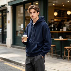 Sudadera con Capucha y Cremallera de Color Sólido, 100% Algodón Peinado, Transpirable, con Logotipo Personalizado en la Espalda, Ropa Casual de Otoño, Sudadera Extra Grande para Hombre - Product Image 1