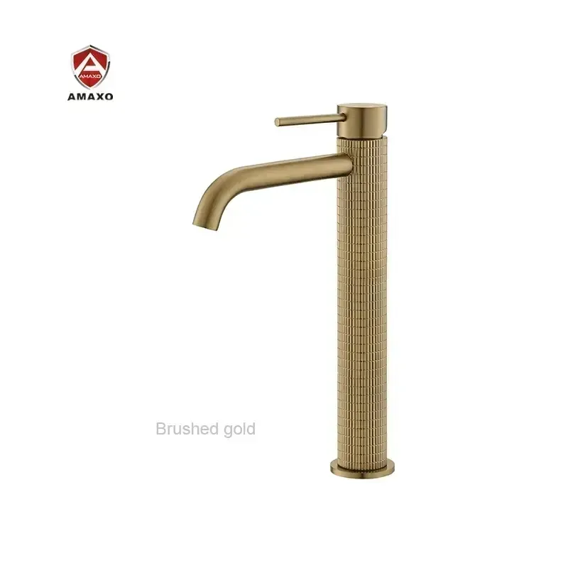 AMAXO Knurled Brass Waterfall Deck Mounted Bathroom Basin Faucet