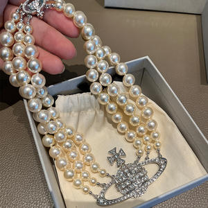 Collar de Clavícula Grande Exagerado Retro con Perlas de Saturno Chapado en Oro de Tres Capas, Joyería para Mujer, Estilo Empress Dowager - Product Image 3