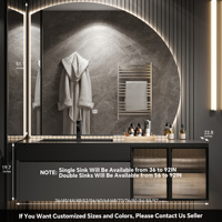 Meuble-lavabo mural en bois massif pour salle de bain d'hôtel ou villa, style moderne et luxueux, avec vasque simple, miroir intelligent et rangement