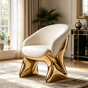 Poltrona Singola in Pelle con Base Scultorea Integrata in Fibra di Vetro Dorata per Spazi Residenziali di Lusso - Product Image 2