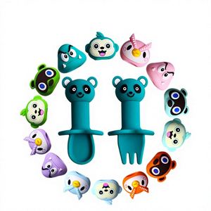 Cuchara de silicona para bebés, cuchara suave de dibujos animados para niños, tenedor corto, juego de alimentación para bebés, para entrenamiento de alimentación complementaria, en stock - Product Image 1