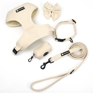 Ensemble harnais et laisse pour chien en velours côtelé doux, logo personnalisé, gilet anti-traction pour animal de compagnie avec collier assorti et porte-sac à déjections - Product Image 2