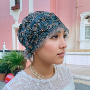 Hijab de style <span class=keywords><strong>marocain</strong></span> à perles lourdes et à queue de poisson - Coiffe en dentelle brodée à la main - Product Image 4