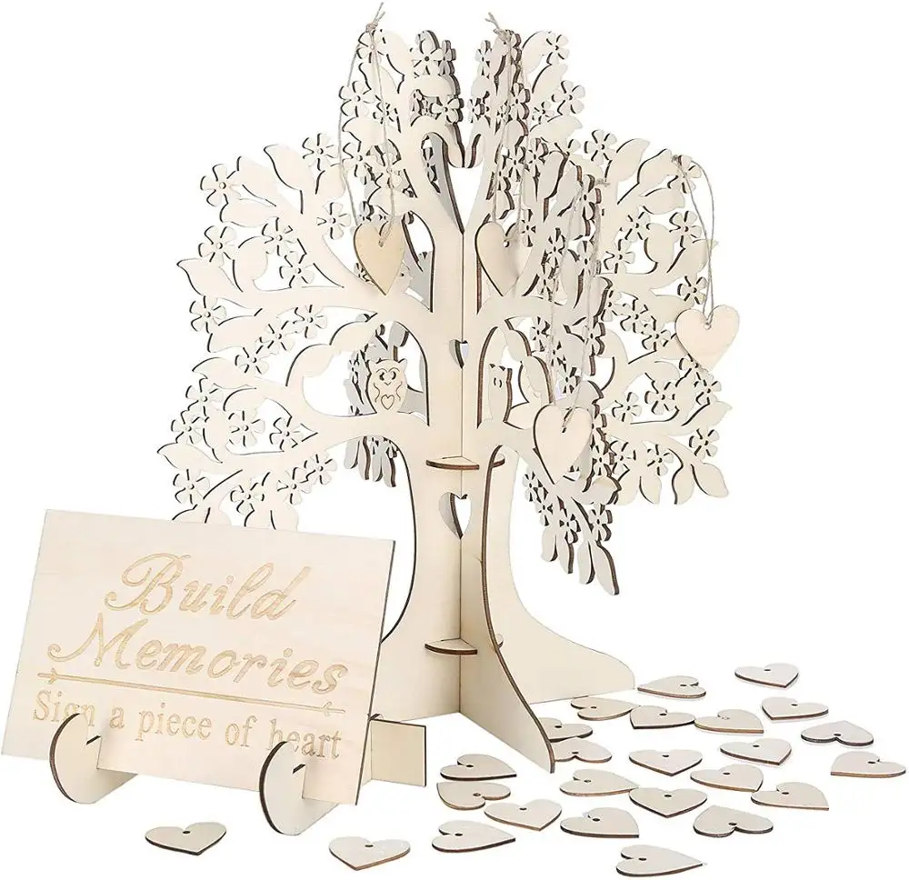 Unique Wedding Guest Book Alternative Rustic Guest Registry with 50pcs Wooden Hearts Wood Tree Frame Drop Box Guest Books