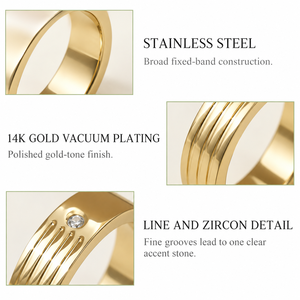 Bague en acier inoxydable doré avec zircon, plaqué or 14K sous vide, large bande rainurée à accent unique - Product Image 4