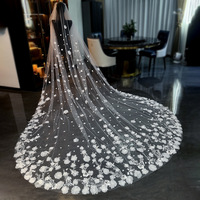 Voile de mariée long en dentelle 3D fleurie ivoire et blanc, une couche, avec peigne, 3,5 m