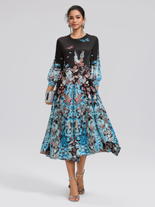 Robe midi plissée à imprimé floral bleu 2026 pour <span class=keywords><strong>femme</strong></span>, col rond, manches lanternes 3/4, coupe trapèze, <span class=keywords><strong>style</strong></span> décontracté <span class=keywords><strong>bohème</strong></span> - Product Image 6