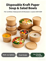 Vente en gros de contenants alimentaires en papier kraft blanc avec logo personnalisé, gobelets à soupe jetables, bols à salade, revêtement simple ou double en PE, qualité alimentaire, anti-fuite