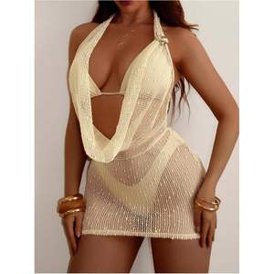 Traje de baño de 3 piezas personalizado para mujer, conjunto de bikini halter, vestido de punto de ganchillo, cintura ajustada, bodycon, pareo de playa - Product Image 4