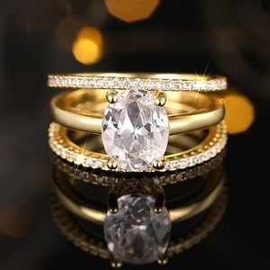 Oval Zircon <b>Ring</b> <b>Set</b> Gold Three Piece Wedding Jewelry For <b>Women</b> Claw Setting Geometric Design - Product Image 1