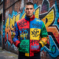 Veste matelassée décontractée et ample, style urbain, col montant en toile, respirante, colorée, motif graffiti, blocs de couleur, OEM ODM