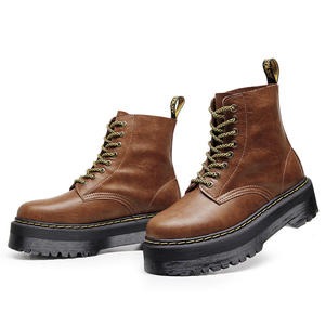 Bottes courtes à semelle épaisse 8 trous pour femme, style britannique, en cuir véritable marron, à lacets, confortables, à talon moyen, pour l'hiver, style européen et américain - Product Image 2