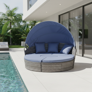 <span class=keywords><strong>Lit</strong></span> de Jour <span class=keywords><strong>Extérieur</strong></span> Rond en Rotin Toutes Saisons avec Auvent – Mobilier de Piscine Économique en Osier pour Hôtels, Cours et Villas - Product Image 1